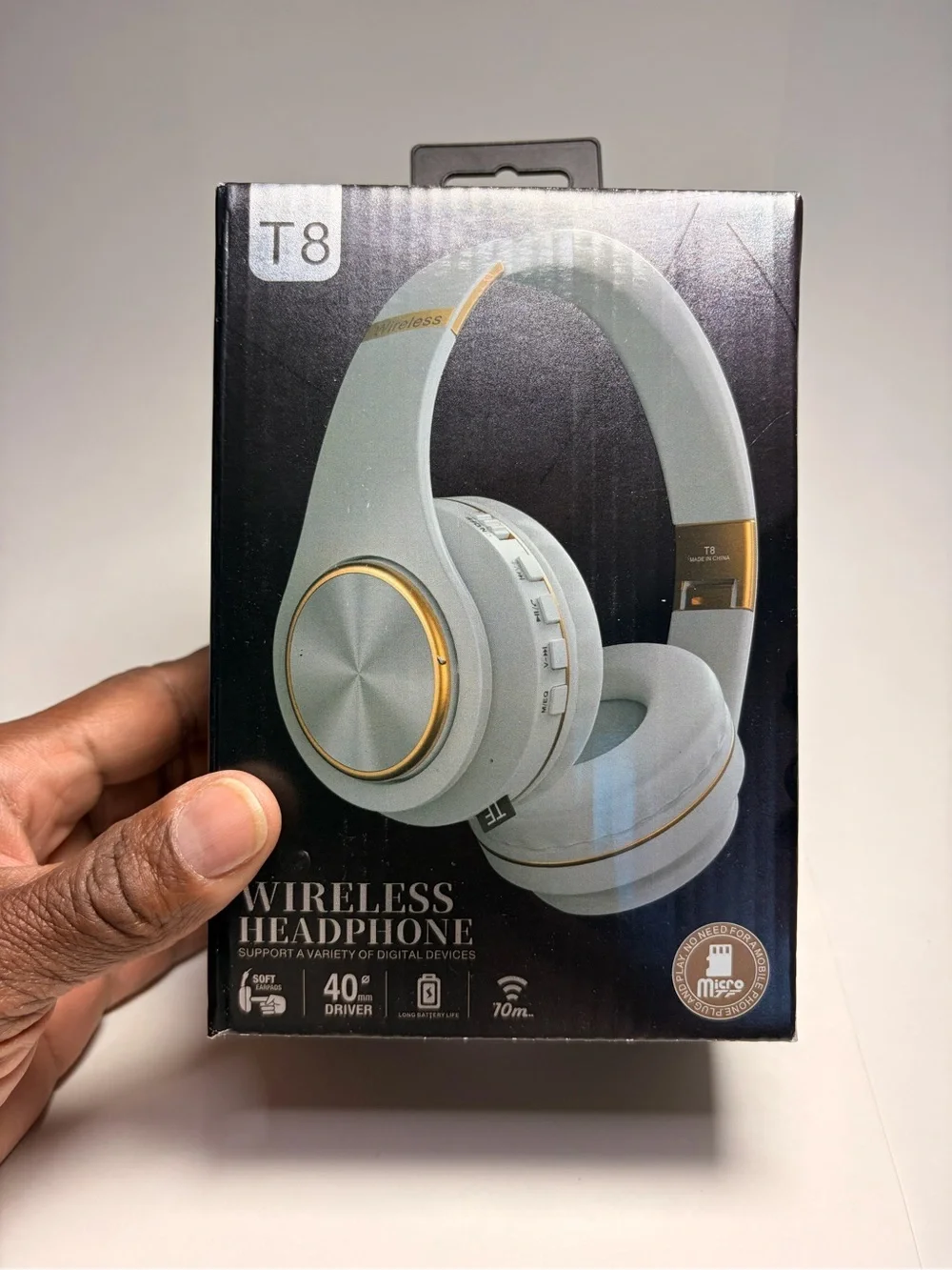 T8 Wireless Headphones in Light Gray with Gold Accents